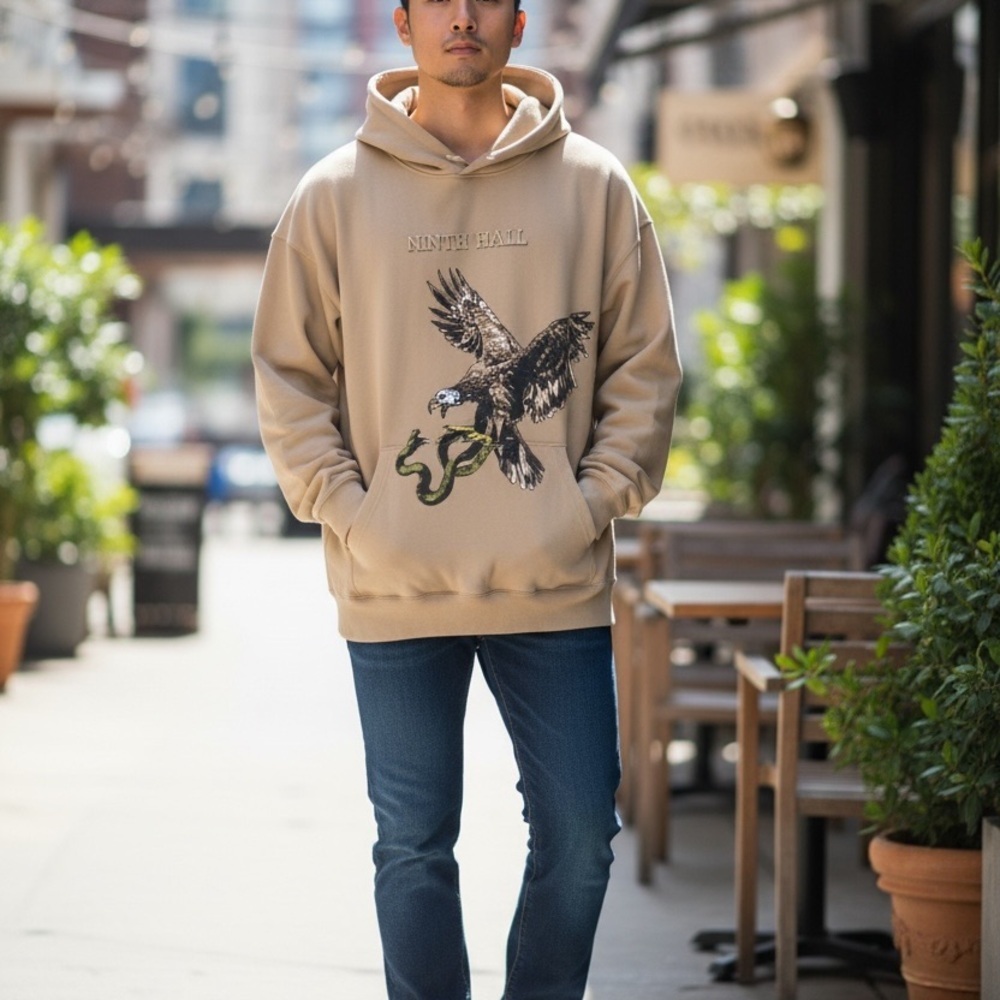 Ninth Hall Hoodie Mens Size Large Tan Eagle Snake Skate Pocket